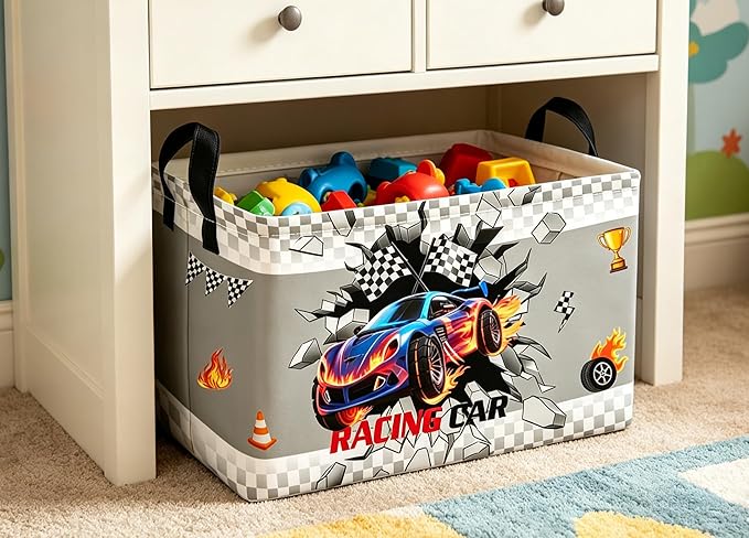 Essme Rectangular Kids Baskets,Car Storage Box,Cute Basket for Kids with Handles for Room Decor, Book Bins,Shelf Basket.(Blue Car)