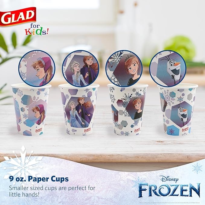 Glad for Kids Disney Frozen Disposable Paper Cups, Anna and Elsa - Heavy Duty Soak-Proof Kid-Friendly Drinking Cups, Great for Everyday Meals and Snacks, 9 oz, 24 Count