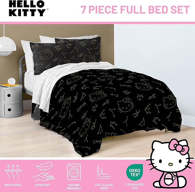 Jay Franco Hello Kitty Stars Full Comforter Set - 7 Piece Bedding Includes Sheet Set & Pillow Covers - Super Soft Zodiac Black & Gold Bedding
