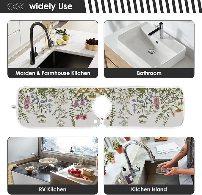 Kitchen Faucet Absorbent Mat, Herbs Wild Flowers Plant Water Splash Guard for Sink, Faucet Drip Catcher Thicken Sponge Microfiber Faucet Water Catcher Mat Sink Absorbent Mat for Kitchen 23x5in 2 Pack