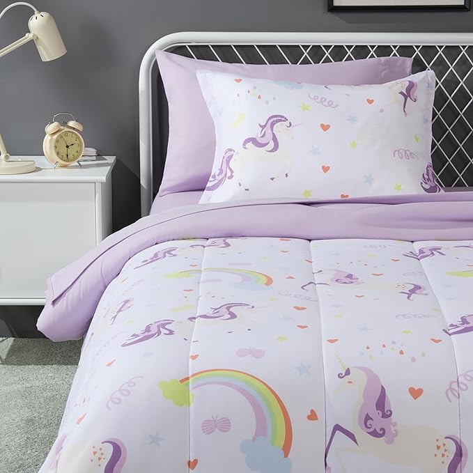 Amazon Basics 5-Piece Soft, Easy-Wash Microfiber Kid's Bed-in-a-Bag Bedding Set with Sheet and Comforter, Twin, Unicorn Print
