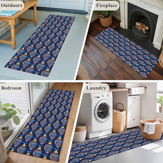 Runner Rug for Bedroom Hallway, Ethnic Style Ocean Fish Kitchen Runner Rugs Area Rug 2x6ft, Watercolor Marine Life on Navy Blue Washable Soft Floor Carpet for Entryway Stair