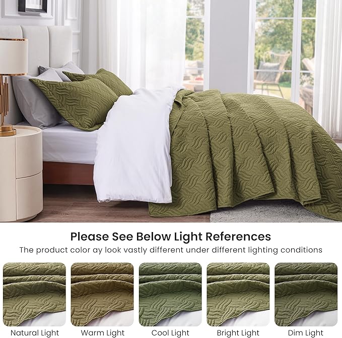 Love's cabin Quilts for Queen Bed Olive Green Bedspreads Bedding Set - Summer Lightweight Bedspread Comforter - Wave Pattern Bedding Coverlet for All Season - 3 Pieces (1 Quilt, 2 Pillow Shams)