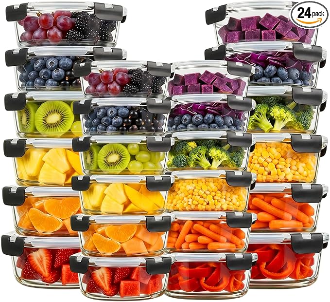 Konokyo Round Glass Food Storage Containers with Lids, 24 Pack Airtight Leakproof Meal Prep Containers, BPA-Free, Microwave Oven Freezer & Dishwasher Safe, Assorted Sizes