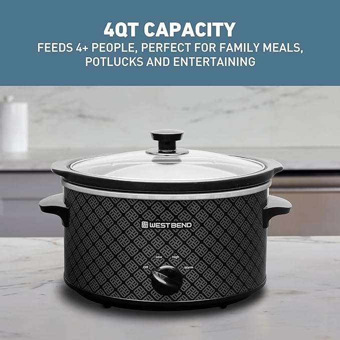 West Bend Slow Cooker 4-Quart Manual Crockery Style with Dishwasher Safe Oval Ceramic Crockpot and Glass Lid Two Temperature Settings Plus Keep Warm, 210-Watts, Black