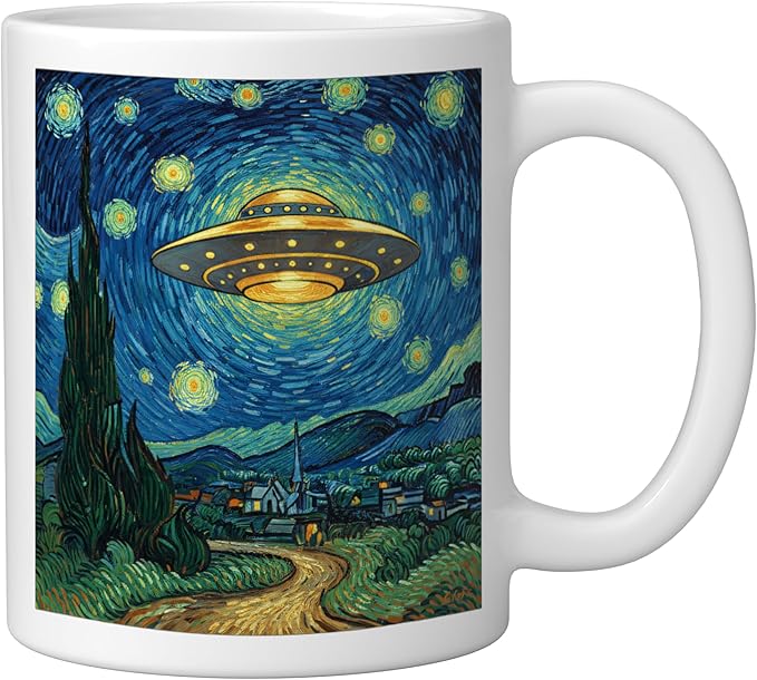 Ufo Over Starry Night Van Gogh Style Sci Fi Saucer Art Ceramic Mug, White