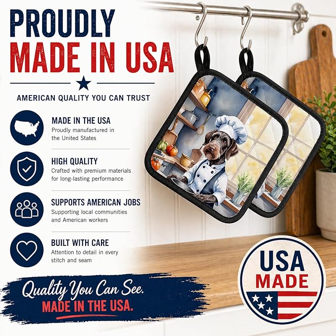 Caroline's Treasures German Wirehaired Pointer The Chef Pair of Pot Holders Kitchen Heat Resistant Pot Holders Sets Oven Hot Pads for Cooking Baking BBQ, 7 1/2 x 7 1/2