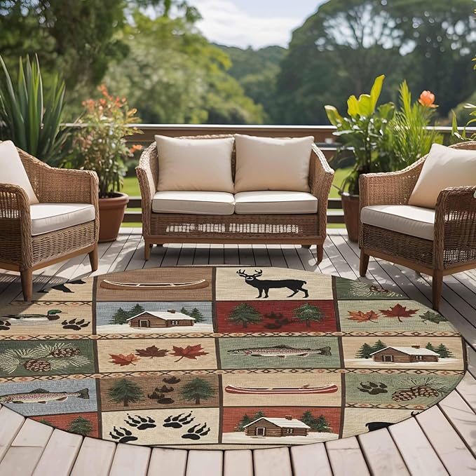 Washable Round Area Rug Vintage Bear Forest Deer Fish Village Circle Rugs Floor Carpet for Living Room Bedroom, Retro Wildlife Themes Soft Non Slip Round Rug 5ft