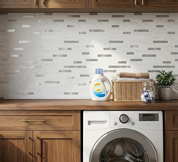 Yipscazo 1 Sheet Peel and Stick Stone Metal Tile Backsplash, Stick on Tiles for Backsplash Kitchen, Bathroom, Laundry Room, Camper, Fireplace (12'' X 12'', White Stone with Metal)