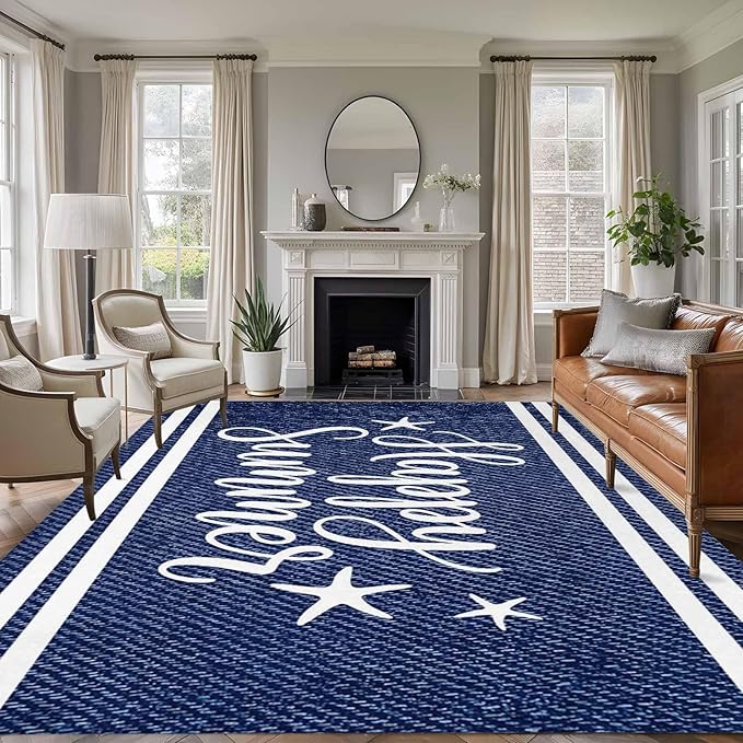Area Rug 9x12ft, Happy Summer Quote Ocean Starfish Washable Rugs for Living Room Bedroom Rectangle Floor Carpet, Navy Blue Stripe Denim Texture Soft Non-Slip Area Rugs for Dining Room