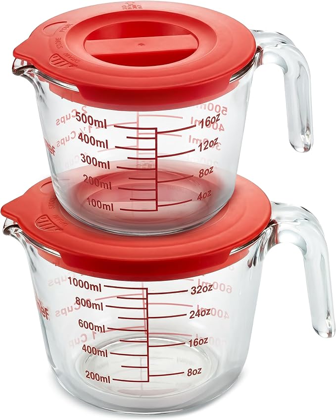 NutriChef 2 and 4 Cups Glass Measuring Cup Set with Lids (17 & 34 oz) - Heat-Resistant Borosilicate Liquid Measure Cups with Easy-Read Scale for Cooking, Baking and Food Storage, Dishwasher Safe