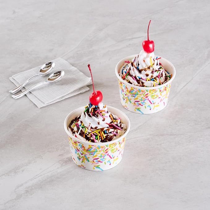 Coppetta 8 Ounce Dessert Cups, 50 Greaseproof Ice Cream Cups - Lids Sold Separately, For Hot And Cold Foods, White Paper Yogurt Bowls, Party Sprinkle Design, Disposable, Sturdy - Restaurantware