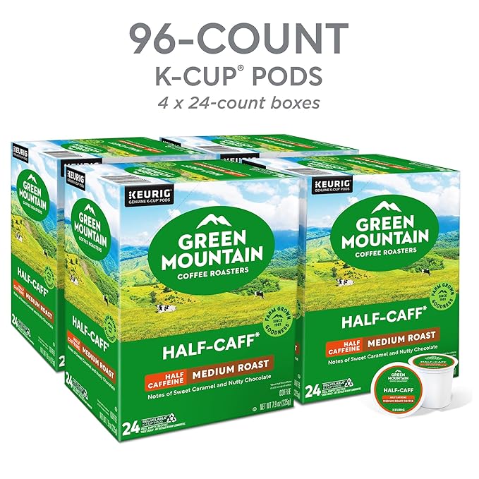Green Mountain Coffee Roasters Half Caff, Single-Serve Keurig K-Cup Pods, Medium Roast Coffee Pods, 96 Count