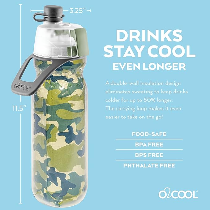 O2COOL Mist 'N Sip Misting Water Bottle 2-in-1 Mist And Sip Function With No Leak Pull Top Spout Reusable Sports Water Bottle - 20 oz (Green Camo)