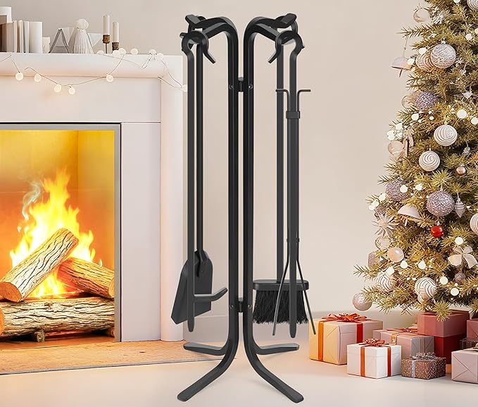FEED GARDEN Hand Forged Iron Fireplace Tools Set 5-Piece Wrought Iron 28 Inch Fire Place Set Tools with Stand for Indoor Outdoor Heavy Duty Fireplace Accessories Poker, Tongs, Shovel, Brush, Base