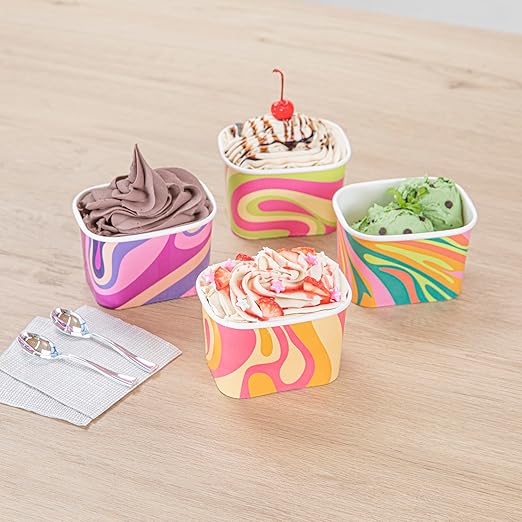 Restaurantware Paper Cups 200 Count 12 Ounce Square Disposable Ice Cream Containers, Leak-Resistant Paper Dessert To Go Cups, Hot And Cold Food, Durable Assorted Groovy Design