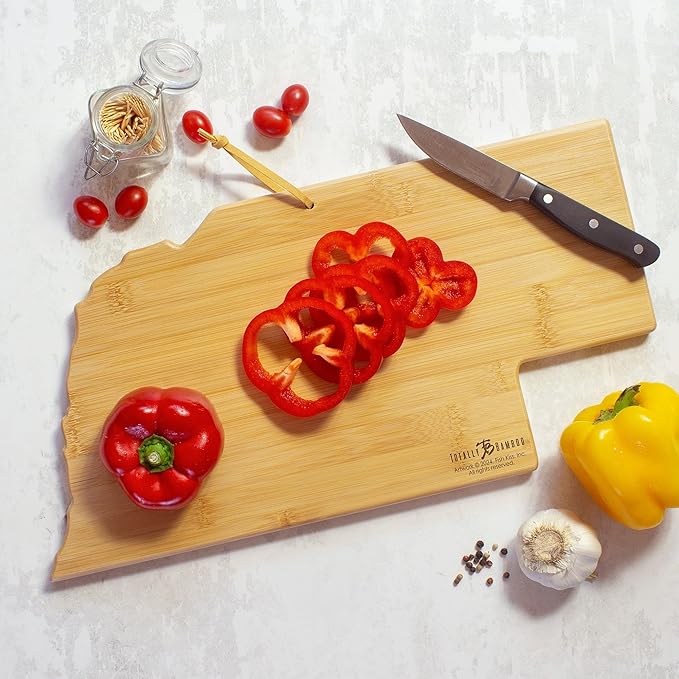 Totally Bamboo Nebraska State Shaped Cutting Board and Charcuterie Serving Platter with Artwork by Fish Kiss, Includes Hang Tie for Wall Display