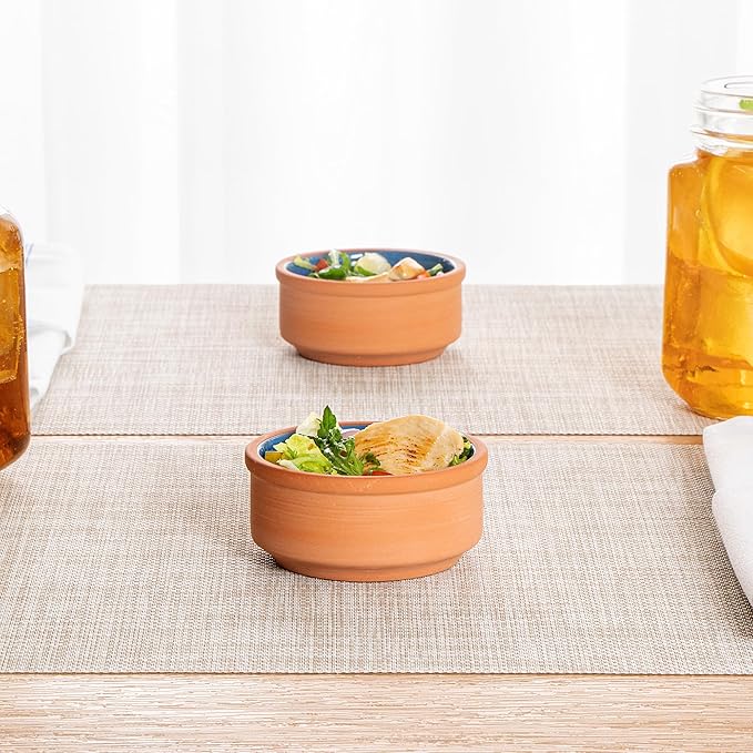 Restaurantware-Terra Tek 2.7 Ounce Terracotta Cazuelas, 2 Blue Glazed Clay Pots For Cooking - Oven-Ready, Microwavable, Terracotta Serving Pots, Dishwashable, For Cooking And Serving