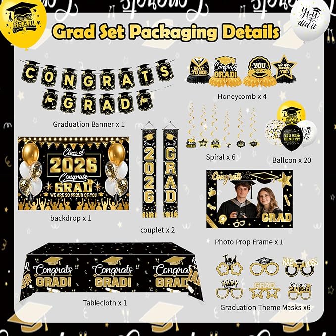 Graduation Decorations 2026 Set - Congrats Grad Banner, Class of 2026 Backdrop, Couplet, Honeycomb,Spiral, Photo Prop Frame Graduation Theme Masks Tablecloth Balloons Kit for Grad Party Decorations
