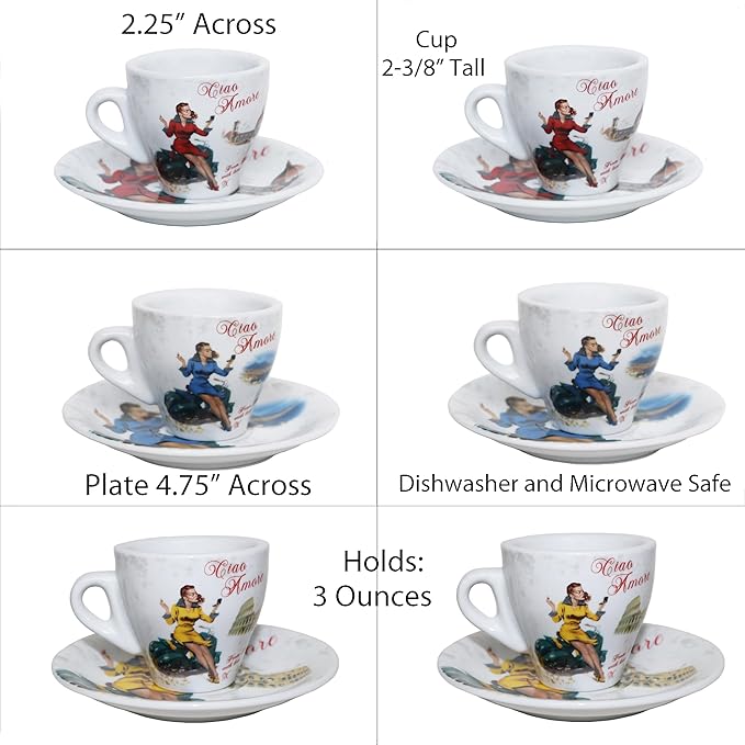 Lorren Home Porcelain Espresso Cups and Saucers, Vespa Scene Design, 3 Oz, Set of 6