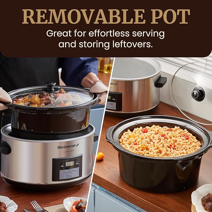 Elite Gourmet Stainless Steel Slow Cooker, Dishwasher-Safe with Tempered Glass Lid, Cool-Touch Handles, Removable Stoneware Pot, 8.5 Quart,MST-900V