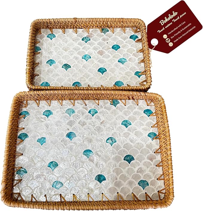 Rattan Rectangle Tray with Mother of Pearl Inlay, Unique Decorative and Serving Tray for Outdoor,Bathroom, Kitchen, Vanity, Perfume, or Coffee Table (Combo Fin 13"&11.8")