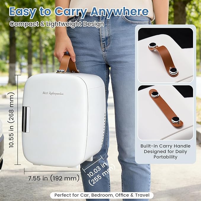NEWBULIG Mini Fridge for Bedroom, Office & Car, Portable 4L/4.23QT Mini Refrigerator for Skincare with Handle, Ultra-Quiet Energy-Saving Compact Cooler for Drinks, Food, Skincare & Makeup, 12V AC/DC