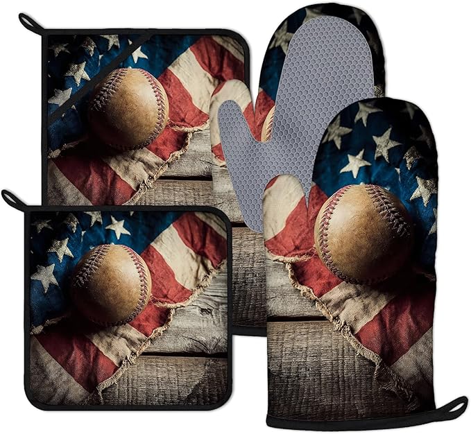 Vintage American Flag Baseball Oven Mitts and Pot Holders Sets 4Pcs Silicone Kitchen Gloves Heat Resistant Potholders for Baking Cooking Grilling BBQ
