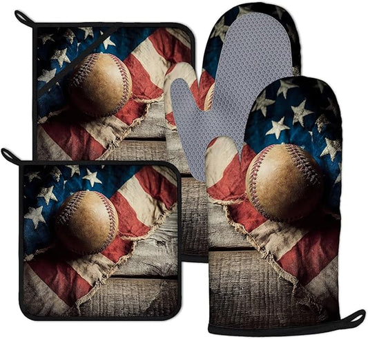 Vintage American Flag Baseball Oven Mitts and Pot Holders Sets 4Pcs Silicone Kitchen Gloves Heat Resistant Potholders for Baking Cooking Grilling BBQ