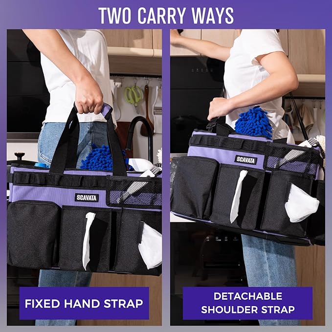SCAVATA Wearable Cleaning Caddy Bag, Cleaning Caddy Supplies Organizer with Handle & Shoulder Straps for Housekeepers, Under Sink & Car Cleaning Tool Organizers with 4 Foldable Divider (Purple)
