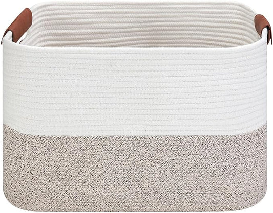 Small Cotton Rope Storage Basket with Leather Handles, 15 "L x 11.5" W x 7.5 "H, Home Decor Basket, Durable & Stylish Organizer for Home.(Small Brown)
