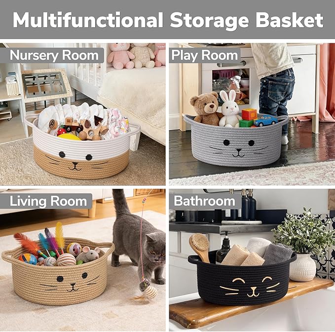 13.8" x 6" Cat Toy Basket, Woven Basket for Living Room Home Décor, Medium Empty Gift Baskets for Nursery, Cotton Rope Baskets for Cats Bed, Grey