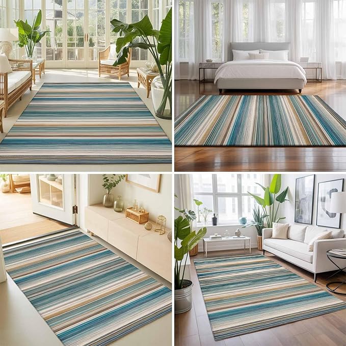 Area Rug 8x10ft, Minimalist Vertical Stripes Washable Rugs for Living Room Bedroom, Retro Boho Lines Soft Non-Slip Area Rugs Rectangle Floor Carpet for Dining Room