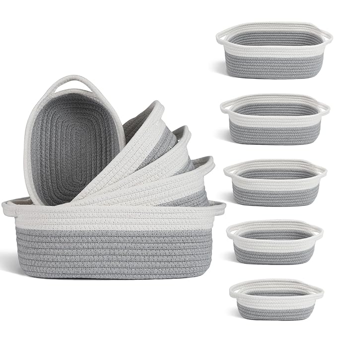 VOOWO Set of 5 Woven Baskets - Rope Storage Solutions, Nursery & Organizing, Off White & Gray
