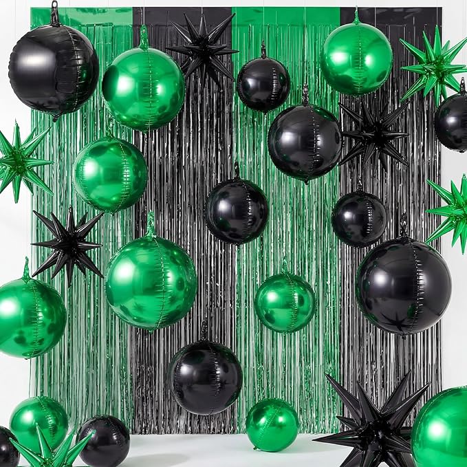 Seenelling 25 Pcs Green and Black Graduation Party Decorations 2026 Sets 22 Inch 4D Large Stars Balloons with Metallic Tinsel Foil Fringe Backdrop Curtains for Birthday Anniversary Wedding Decor