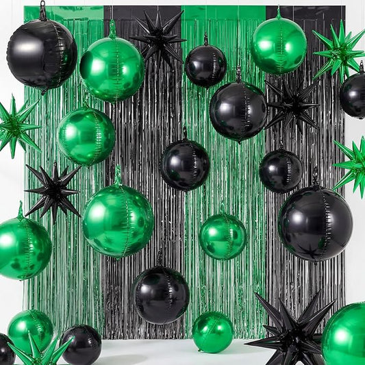 Seenelling 25 Pcs Green and Black Graduation Party Decorations 2026 Sets 22 Inch 4D Large Stars Balloons with Metallic Tinsel Foil Fringe Backdrop Curtains for Birthday Anniversary Wedding Decor