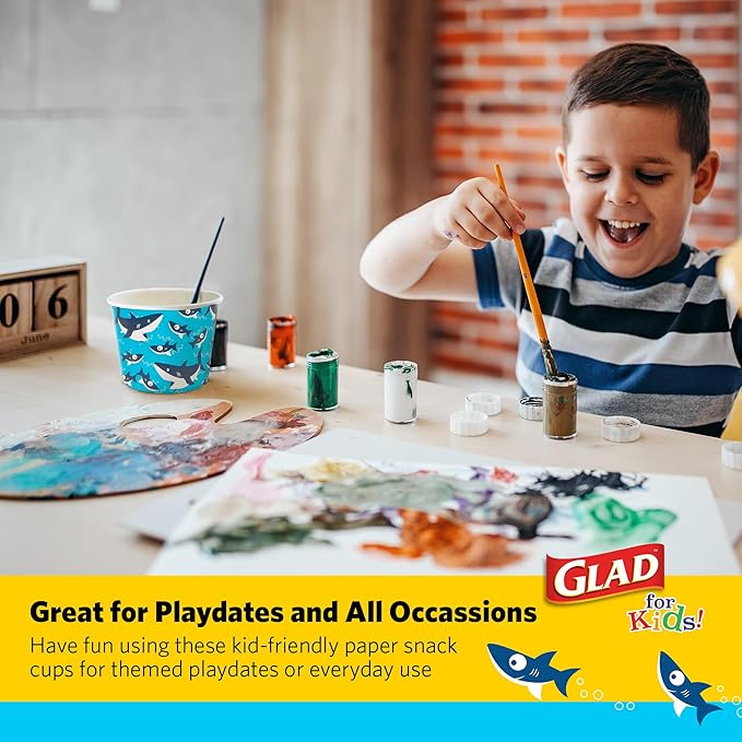Glad for Kids Shark Paper Snack Bowls, Lids Not Included - Heavy Duty, Soak-Proof, Microwavable Kid-Friendly Disposable Snack Cups, No Lids Included, 12 Ounce, 20 Count
