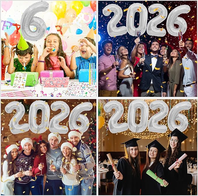 2026 Balloons, 2026 Number Balloons Silver, 40 Inch Large Foil Graduation Balloon 2026 Numbers for Graduation Decorations Class of 2026, Birthday, Anniversary, New Year Eve Party Decorations