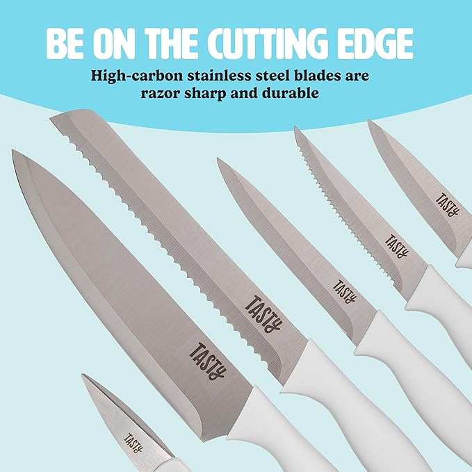 Tasty Kitchen Knife Set with Block, Cutlery Set includes Chef, Bread, Utility, Paring, Steak Knives & Shears, 10-Piece, White