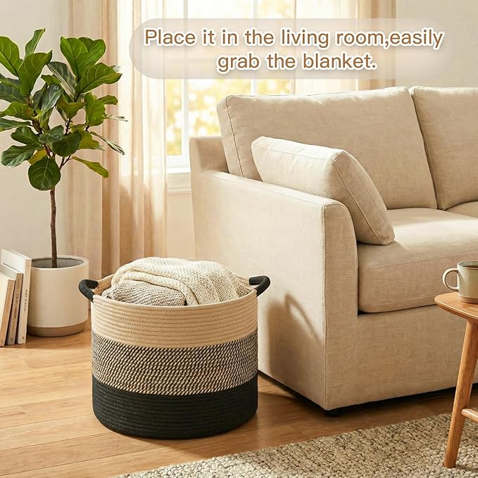 Artfeel 100L Large Cotton Rope Basket, Decorative Woven Blanket Storage for Living Room, Boho Toy Storage & Toy Box for Kids, Versatile Laundry Basket & Nursery Hamper for Blankets(BlackBrown)