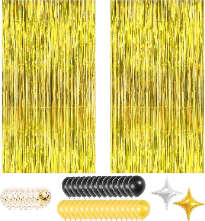 Gold Foil Fringe Curtain Party Decoration Kit, 2 Pack Metallic Backdrop with Gold & Black Balloons, Balloon Garland Accessories for Birthday, Wedding, Photo Booth, Holiday Parties
