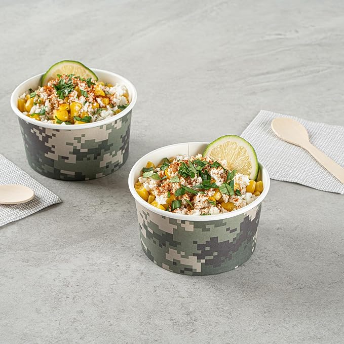 Coppetta 8 Ounce Dessert Cups, 80 Disposable Ice Cream Cups - Lids Sold Separately, Sturdy, Camouflage Paper FroYo Bowls, For Hot And Cold Foods, Perfect For Gelato Or Mousse - Restaurantware