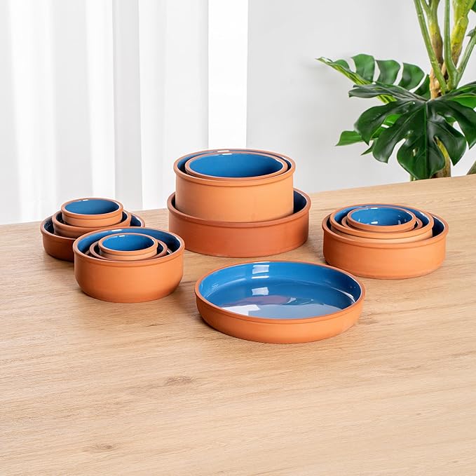 Restaurantware-Terra Tek 34 Ounce Terracotta Cazuelas, 2 Blue Glazed Clay Pots For Cooking - Oven-Ready, Microwavable, Terracotta Serving Pots, Dishwashable, For Cooking And Serving