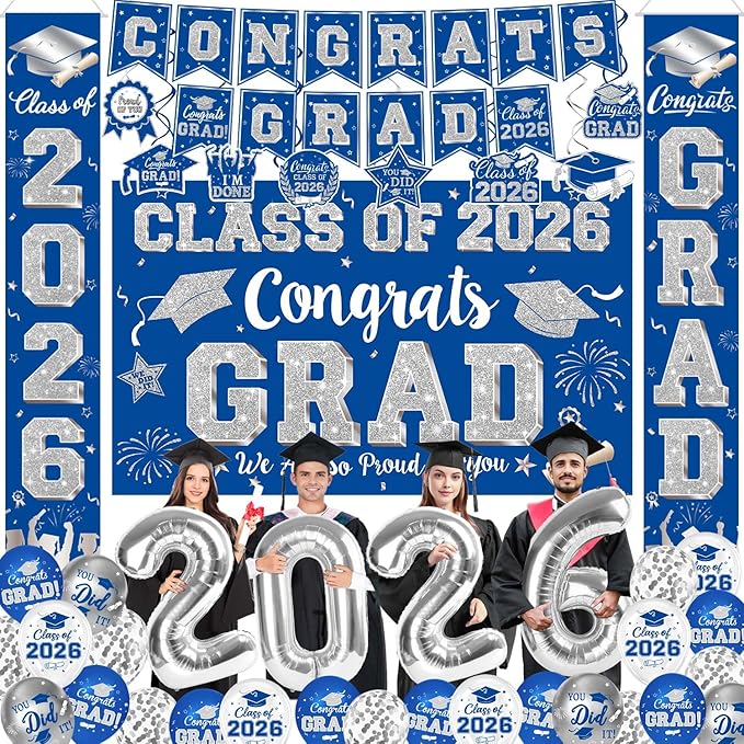 Graduation Decorations Class of 2026, Blue and Silver Graduation Decorations Include Grad Backdrop, Banner, Hanging Swirls, Porch Sign, Balloons for Congrats Grad Party Supplies