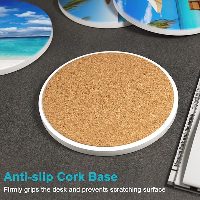 Nipichsha Coasters for Drinks, Set of 6 Cute Absorbent Ceramic Drink Coasters for Cup with Holder and Cork Base, Kitchen Home Decor Housewarming Gift, Round 4 in, Happy Beach
