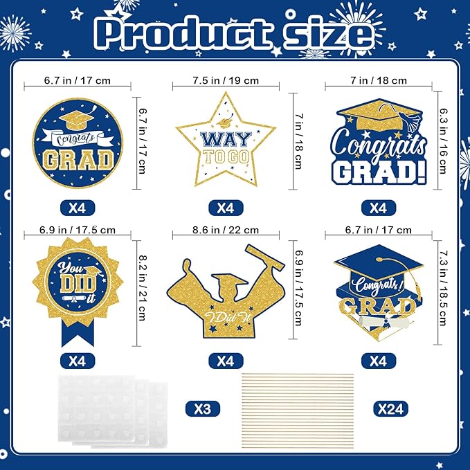 2026 Graduation Party Decorations - 24 Pcs Class of 2026 Congrats Grad Table Centerpieces Graduation Table Decorations Sticks Table Toppers for Graduation Party (Blue Gold)