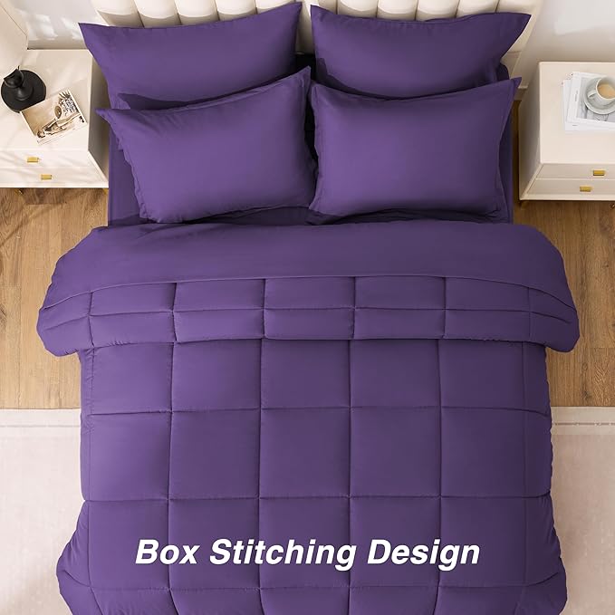Love's cabin California King Comforter Set Dark Purple, 7 Pieces California King Bed in a Bag, All Season Bedding Sets with 1 Comforter, 1 Flat Sheet, 1 Fitted Sheet, 2 Pillowcase and 2 Pillow Sham | Soft, Breathable, Lightweight, Comfortable