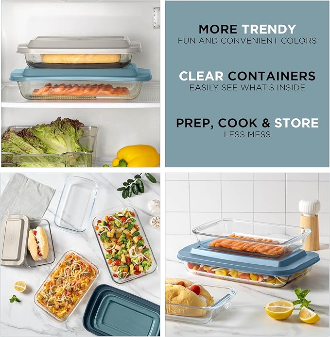 COOK WITH COLOR 8-Piece Deep Glass Baking Dish Set with Plastic Lids – Casserole and Food Storage Containers for Lasagna, Leftovers – Freezer-to-Oven, Microwave & Dishwasher Safe, Blue