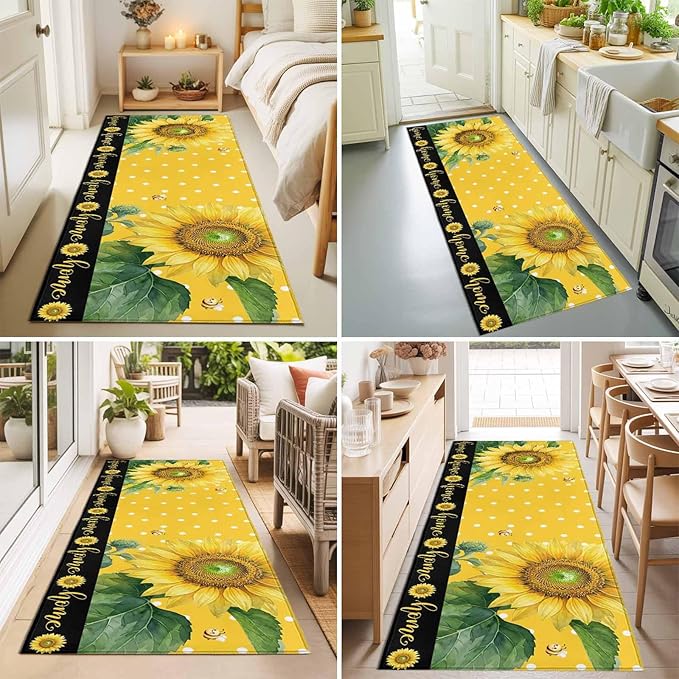 Runner Rug for Bedroom Hallway, Summer Watercolor Sunflowers Bees Kitchen Runner Rugs Area Rug 2x6ft, Farmhouse Floral Art Washable Soft Floor Carpet for Entryway Stair