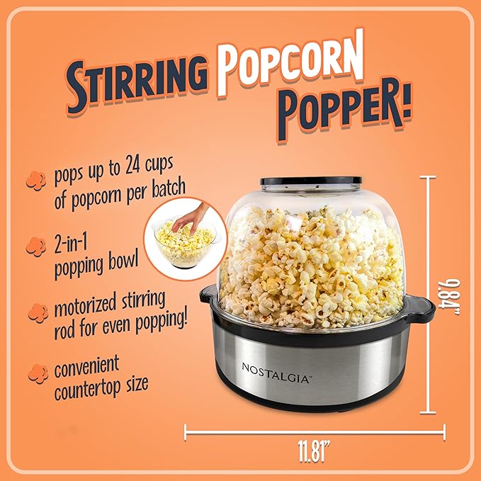 Nostalgia Non Stick Stirring Popcorn Maker for 24 Cups of Theatre Style Popcorn with Hot Oil - Dual-Use Lid & Serving Bowl - Quick Heat Technology & Cool Touch Handles - Ez Store - Stainless Steel
